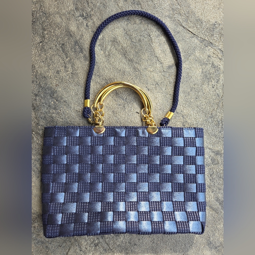 Vintage Italian Navy Blue Woven Handbag with Gold Accent Hardware